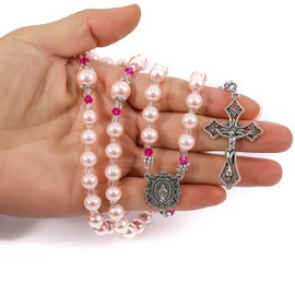 Nazareth Store Pink Pearl Rosary Beads Long Beaded Catholic Rosary Necklace with Miraculous Medal and Cross