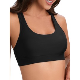 Women Racerback Sports Swim Bra High Neck Bikini Tops Black Workout Bathing Suit Padded Tops Only, Black, X-Large