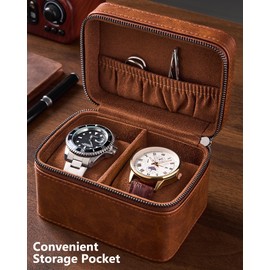 ProCase 2-Slot Watch Travel Case for Men, PU Leather Portable Watch Holder, Compact Small Travel Carrying Box, Storage Case for Luxury Watches & Smartwatches with Jewelry Compartment -Brown