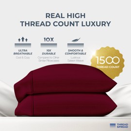 Thread Spread 100% Egyptian Cotton Pillow Cases Standard/Queen Size Set of 2 - Luxury 1500 Thread Count Sateen Burgundy Pillow Cases, Silky Soft Cotton Pillowcases Fits Standard & Queen Size Pillows
