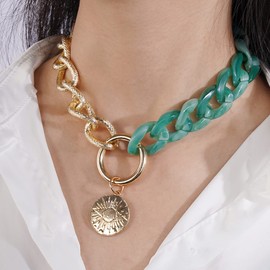 Jumwrit Chain Choker Necklace Cuban Chain Necklace Acrylic Necklace Gold Coin Pendant Necklace with Evil Eye Big Circle Necklace for Women Girls