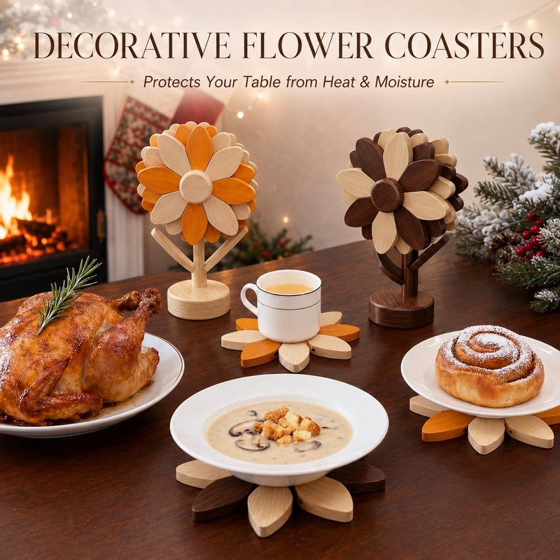 Sunflower Trivets for Hot Dishes, 5Pc Wooden Tree Trivet Stand