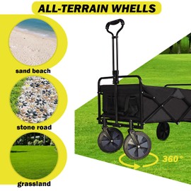 Eagwon Collapsible Wagon Cart, Heavy Duty Folding Wagon with Telescopic Handle, Double Cloth Pockets, Portable Utility Garden Cart with All-Terrain Wheels for Shopping, Sports, Camping, Black