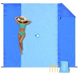 imgokaha Beach Blanket with Umbrella Hole, Travel Beach Blanket Waterproof Sandproof Oversized, Comfortable Nylon Beach Mat Lightweight with 4 Stakes & 4 Corner Pockets Blue 10FT