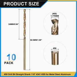 PATIKIL #50 Drill Bit, Micro Number Small Bits 4341 High-Speed Steel 118° Gold Finish for Soft Thin Metal Steel Wood Acrylic - 10 Pack