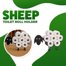 HomeZone Novelty Sheep Toilet Roll Holder - Wooden Free Standing Black Painted Metal Animal Shape Tissue Holder - Decorative Kitchen or Bathroom Accessories Indoor, Home Decor Storage Loo Roll Holder