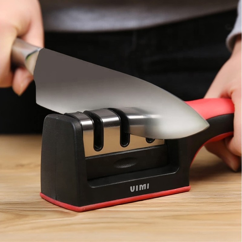 Afilador Cuchillos Cocina Ergonomico Tijeras 3 Etapas Manual (Rojo)