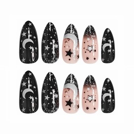 MISUD Goth Press on Nails Medium Almond Fake Nails Glossy Glue on Nails Black Ombre Acrylic Nail Supplies Stiletto Artificial Nail Art Star Moon False Nails with Bling Glitter Design DIY 24 pcs