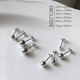 15 Pairs Surgical Steel Ball Stud Earrings Set for Women & Men, 2-6mm, Silver & Gold, Hypoallergenic, 316L Stianless Steel (Silver 15Pairs (2-6mm))