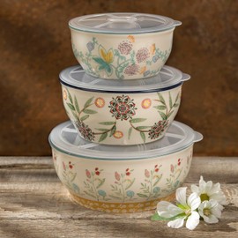 Euro Ceramica Ella 3 Piece Nesting Storage Bowls Set with Lids Assorted Multicolor Asian Floral Design, 82Fl oz