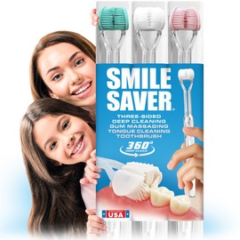Smile Saver 360° 3-Sided Toothbrush | 3-Pack | N3XT Level Clean | Gum Massage 3X Triple 3D Design Soft Health Gentle Replacement Heads Tongue Scraper Sensory Gift Oral Health Care Travel | Made in USA