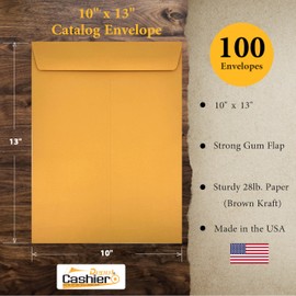 100 Cashier Depot - 10" x 13" Catalog Envelopes, Open End, Heavy 28lb Paper, Gum Flap Closure, for Documents and Bulk Mailings, 100 Count