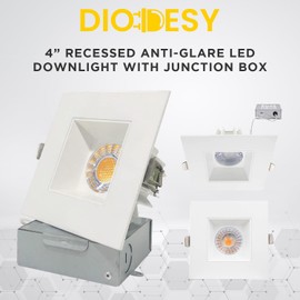 Diodesy 4-Inch LED Square Downlight Luminaire, Recessed Ceiling Light Fixture, 12-Watt, CCT 3 Color Changing (3000K/4000K/ 5000K), 900 Lumens, White, Dimmable