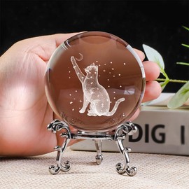 ENGFGH 60mm 3D Cat Moon Ball with Stand Set, Spiritual Gifts for Women, Cat Gifts for Women, Crystal Clear and Cute Decoration for Bedroom, Living Room and Office