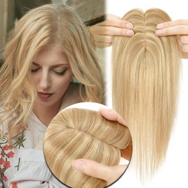 MY-LADY Human Hair Toppers for Women Real Remy Hair 150% Density 7 * 13CM Silk Base No Bangs Clip in Hair Pieces Straight Hairpiece for Thinning Hair 10 Inch #18/613 Ash Blonde & Bleach Blonde