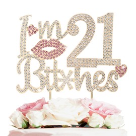 LASKYER - Decoración para tartas con diamantes de imitación dorados y rosados con texto en inglés «I'm 21st Birthday Cheers to 21 Years Old Bday Party Metal Sparkly Food Centerpieces para decoración