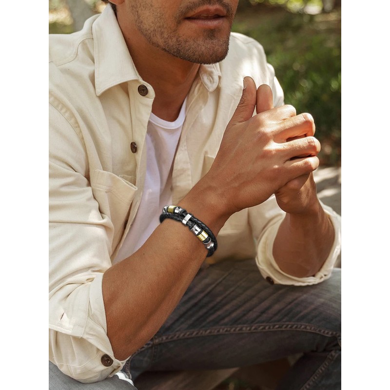 Leather Cuff Bracelet for Men Black Braided Wristbands Double Row