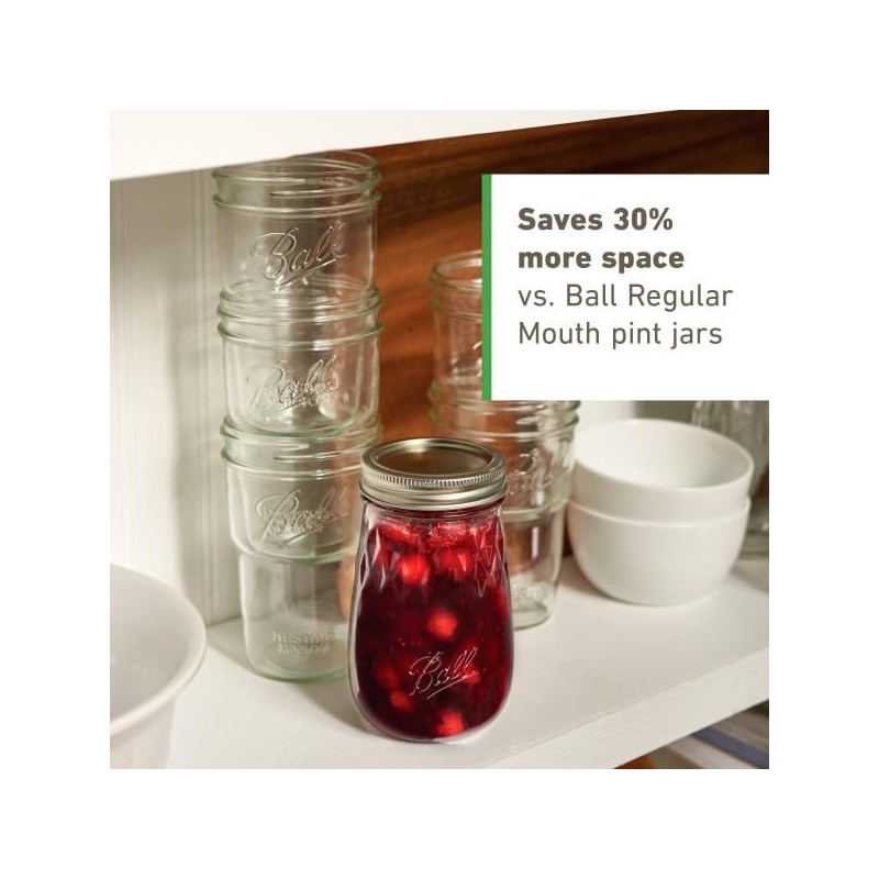 Ball Glass Nesting Mason Jars, Wide Mouth, Pint Size, 16