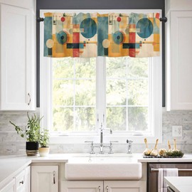 Anzona Curtain Valance 42" x 12", Blue Yellow Geometric Window Valances Rod Pocket Curtains Drapes, Vintage Oil Painting Abstract Art Short Topper Curtain for Kitchen Cafe Living Room, 1 Panel