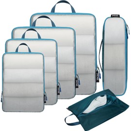 BAGAIL 5 Set/6 Set Ultralight Compression Packing Cubes Travel Accessories Expandable Packing Organizers(Teal 6Set Mesh Pattern)
