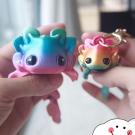 HiesDeosn 2 Pcs Cute Axolotl Tadpole Fidget Toy, 3D Printed Articulating Axolotl with Keychain Flexible Collectible Set, Fun Gift, Candy Rainbow