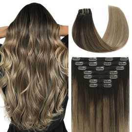 Youngsmile Clip in Hair Extensions Real Natural Invisible Straight Remy Human Hair Extensions Clip in Color 2 Darkest Brown Fading to 6 Chestnut Brown And 18 Ash Blonde 22inch 160g 7Pcs(7PC#2618-22)