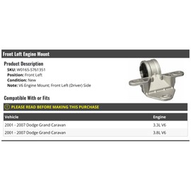 Front Left Driver Side Engine Motor Mount - Compatible with 2001 - 2007 Dodge Grand Caravan 3.3L, 3.8L V6