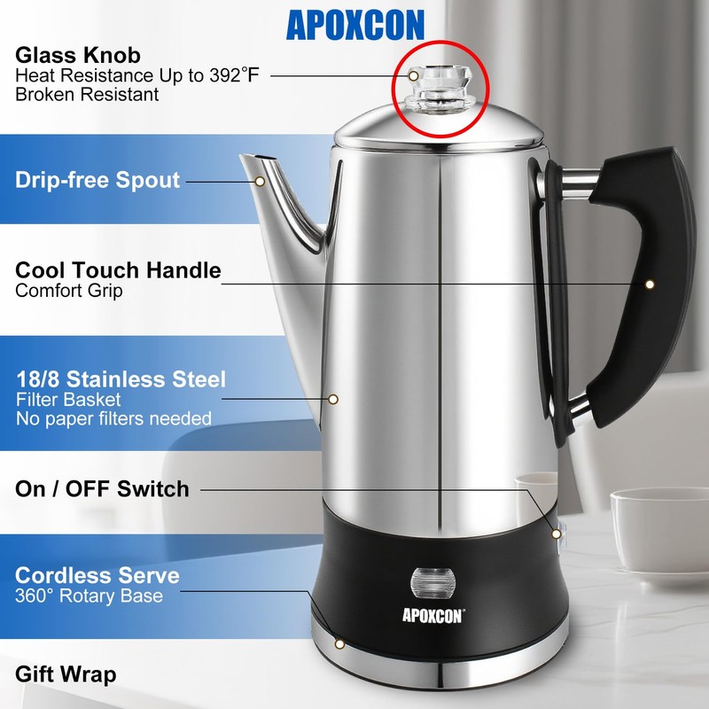 APOXCON Electric Coffee Percolator Stainless Steel Coffee Maker with Clear