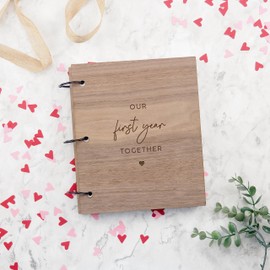 Our First Year Together Photo Book - Engraved Memory Book for Couples - Paper Wedding Gift for Wife Husband - Valentines Day Gift for Girlfriend Wife (Walnut, 25 Pages)