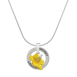 Delight Jewelry Silvertone Yellow Hibiscus Flower - Hockey Ring Charm Necklace, 18"