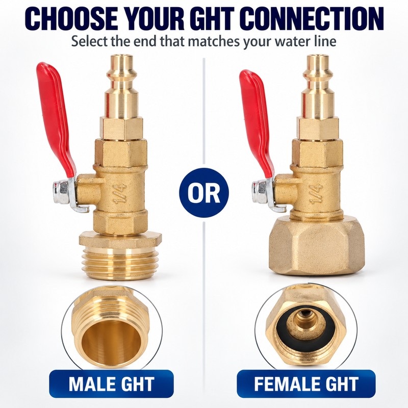 Brass RV Winterizing Blowout Adapter with Shutoff Valve, 1/4 Inch