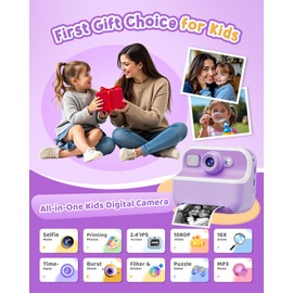 Instant Camera, Front Rear Dual Selfie Kids Camera with 1080P Videos, Holiday Birthday Gifts for Kids Age 3-12, Toddler Portable Travel Print Digital Camera Toy for 4 5 6 7 8 9 Year Boys Girls