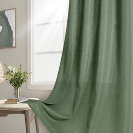 Joywell Olive Green Back Tab Linen Curtains 96 Inches Long 2 Panels for Living Room Bedroom Neutral Boho Farmhouse Rustic Light Filtering Semi Sheer Curtains Window Treatment 52x96