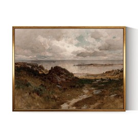 InSimSea Golden Framed Vintage Canvas Wall Art A Bit of Massachusetts Coast Coastal Beach and Clouds Seascape 12x16 inch, Moody Rustic Seacoast Landscape Beach Print, Farmhouse Home Wall Decor