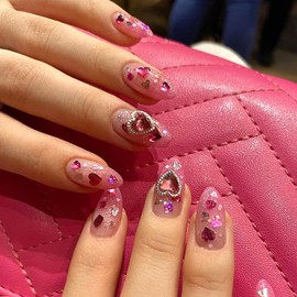 Glitter Love Heart Gem Fake Nails Romantic Valentine's Day Press on Nails Medium Length Almond Acrylic Glue on Nails Pink Gradient Reusable Stick on Nails for Women DIY Charm Manicure