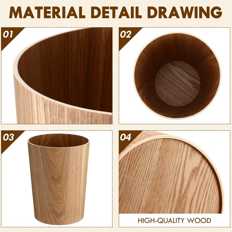 Threehoney 2 Pack 2.3 Gallons Wood Trash Can Wastebasket Natural