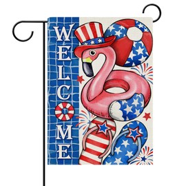 Dyrenson Welcome 4th of July Patriotic Decorative Garden Flag, Summer Pool Flamingo Swim Ring Flip Flops Ball America Yard Outside Home Decoration, American USA Outdoor Small Decor Double Sided 12x18