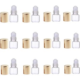 Tustao Glass Essential Oil Roller Bottles,12 Pcs Gold 1ml Mini Glass Roll on Bottles Roller Refillable Essential Oil Aromatherapy Sample Vials Container, Refillable Cosmetic Roller Bottles