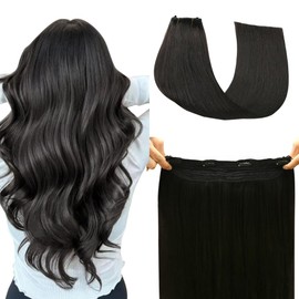 SAFIRENY Wire Hair Extensions 70g Straight Human Hair Wire Extensions Natural Black Invisible Wire Hair Extensions Real Human Hair Black Hair Extensions for Women 14inch(#1B-14inch)