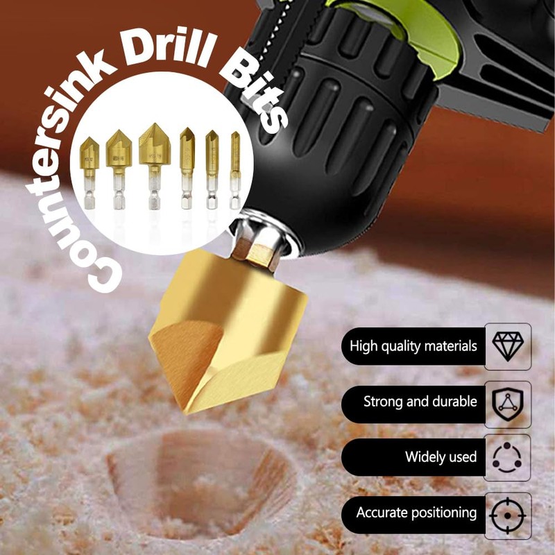 Ruidee 6 Pcs Countersink Drill Bits Set Hex Shank Wood
