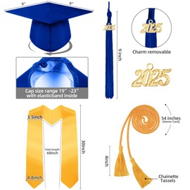 Syhood 4 Pieces 2025 Unisex Graduation Matte Gown Cap Tassel Stole Set Honor Cord for Graduation(Size 48,Blue, Gold)