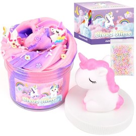 Unicorn Cloud Slime Kit with Rainbow Colours, Foam Beads and Decorative Toy, Pink and Purple