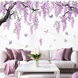 wondever Large Flower Tree Branch Wall Decals Home Decor Purple Hanging Vine Floral Butterflies Peel and Stick Wall Art Stickers for Living Room Bedroom TV Wall