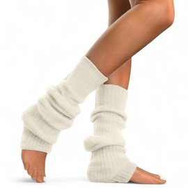 NITESHEYS Lambswool Winter Ribbed Leg Warmers Natural Wool Footless Long Socks For Women, Eqru, One Size
