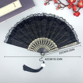HNJUSR Lace Fan Wedding Fan Bridal Fan Folding Fan Dance Fan for Wedding with Pendant Hand Fan Lace for Drama Dance Fecher Women for Prom Party Wedding (Black)