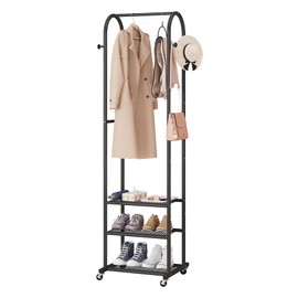 Hall Tree with Wheels and Hanging Hooks,Heavy-Duty Metal Coat Rack with Shoe Shelves,3-in-1 Narrow Entryway Storage for Small Space,Suitable for Hallway,Bedroom and Bathroom,Black