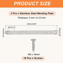 PATIKIL Flat Mending Plate 9.7"x0.8", 2 Pcs Stainless Steel Straight Flat Bracket for Shelves Corner Braces Brackets Metal Fixing Joining Plates for Wood Furniture Cabinet Frame Repair