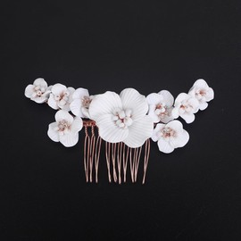 Teyglen Flower Bride Wedding Hair Comb White Flower Headpiece Bridal Hair Piece Floral Flower Hair Comb Decorative Hair Accessories Jewelry for Women (Rose gold)