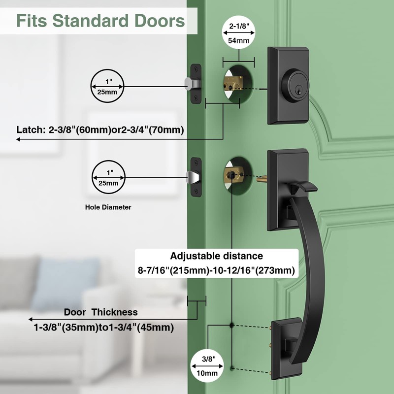 Floresita Front Door Lock Set, Black Front Door Handle and