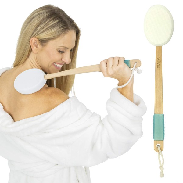 Vive Back Lotion Applicator - Long Reach Handle With Pad for Easy Self Application of Shower Bath Body Wash Brush, Foot Sponge, Skin Cream, Suntan, Tanning, Aloe, Acne - Men And Women